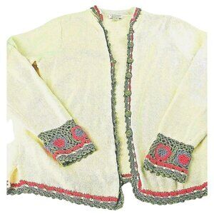 Christopher Banks Knit Cardigan Sweater Sz Small Crochet Trim Sleeve Off White